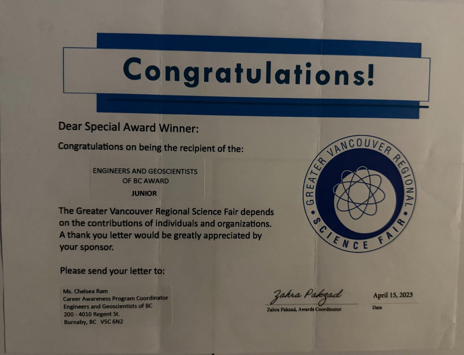 GVRSF 2023 special award — Engineers and Geoscientists of BC Award, Junior