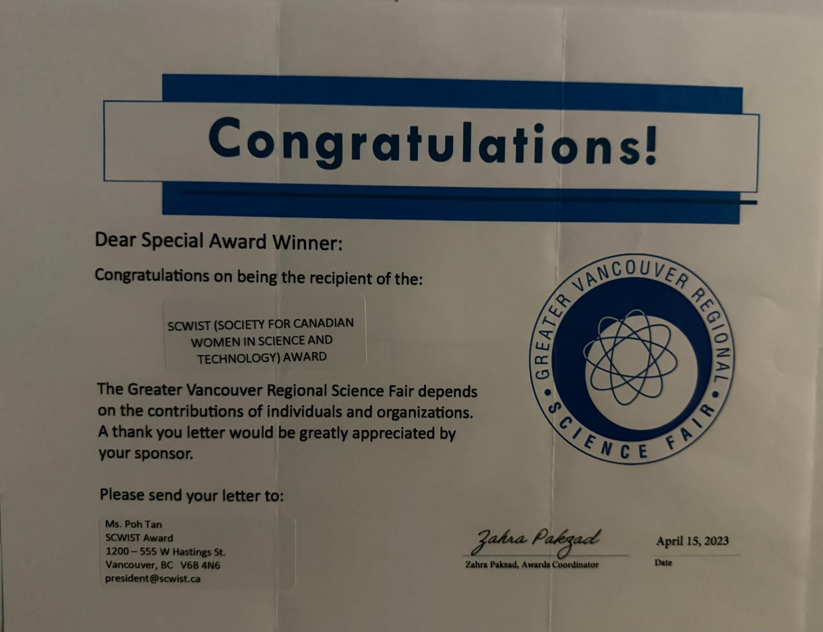 GVRSF 2023 special award — SCWIST (Society for Canadian Women in Science and Technology) Award