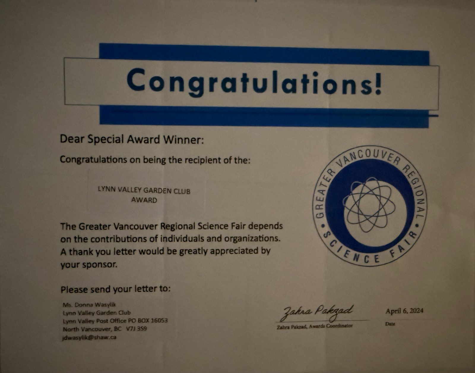 GVRSF 2024 special award — Lynn Valley Garden Club Award