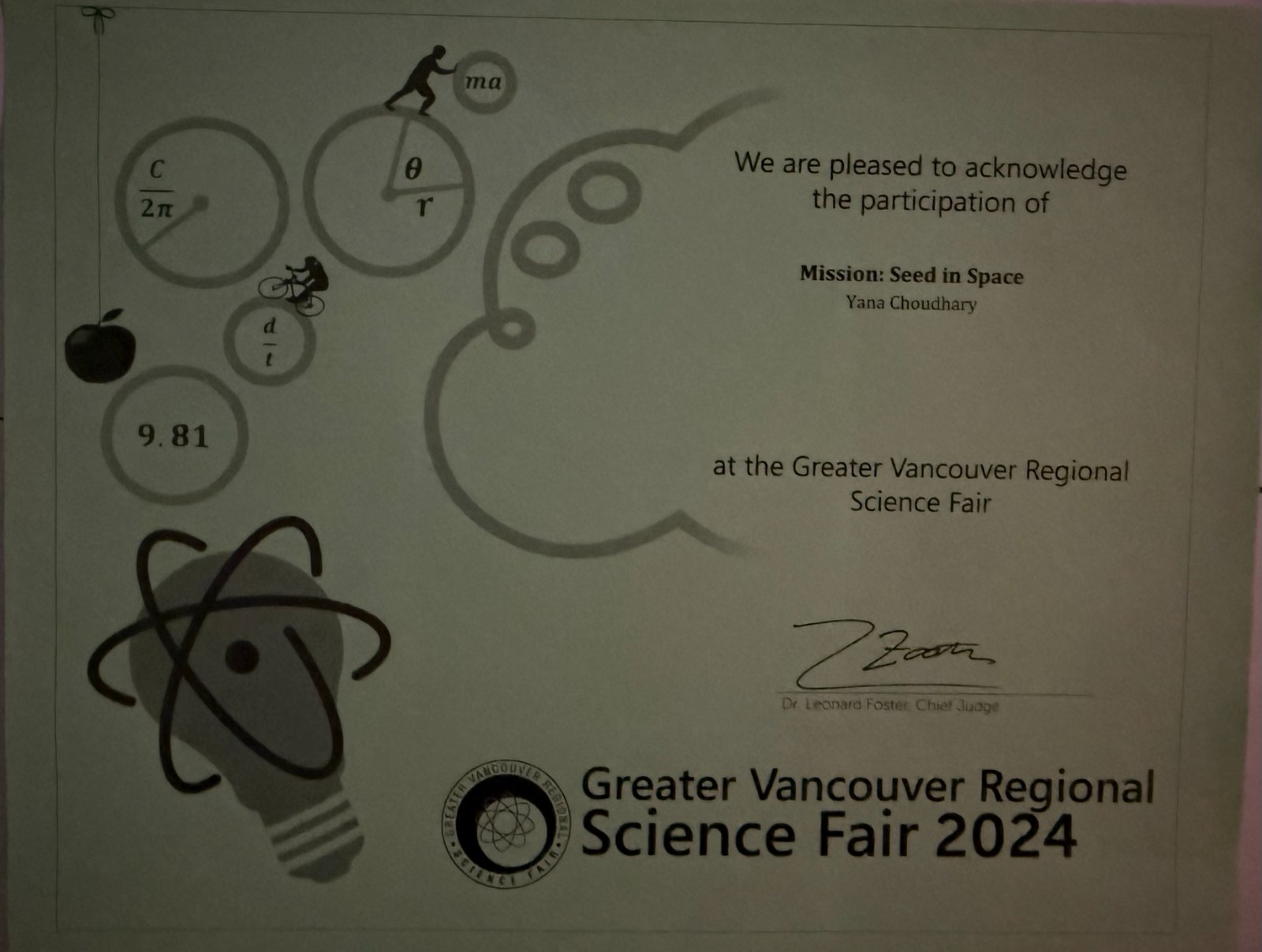 GVRSF 2024 certificate of participation — Mission: Seed in Space