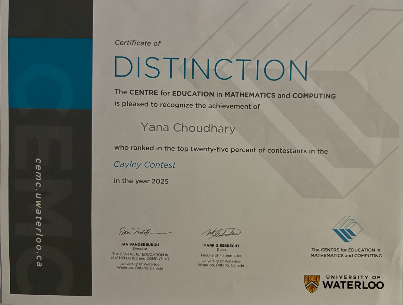 CEMC Certificate of Distinction — Cayley Contest 2025, top 25% of contestants