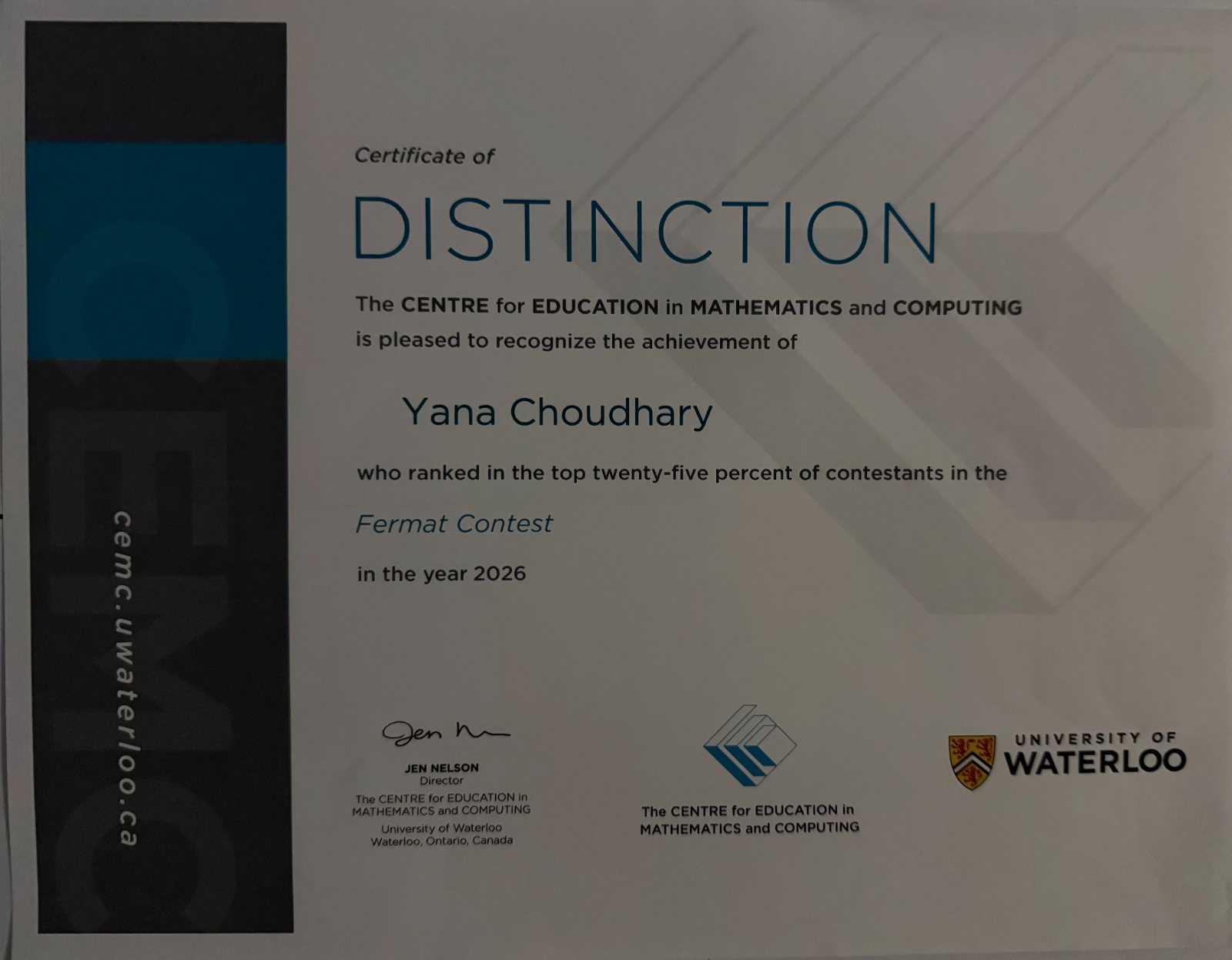 CEMC Certificate of Distinction — Fermat Contest 2026, top 25% of contestants