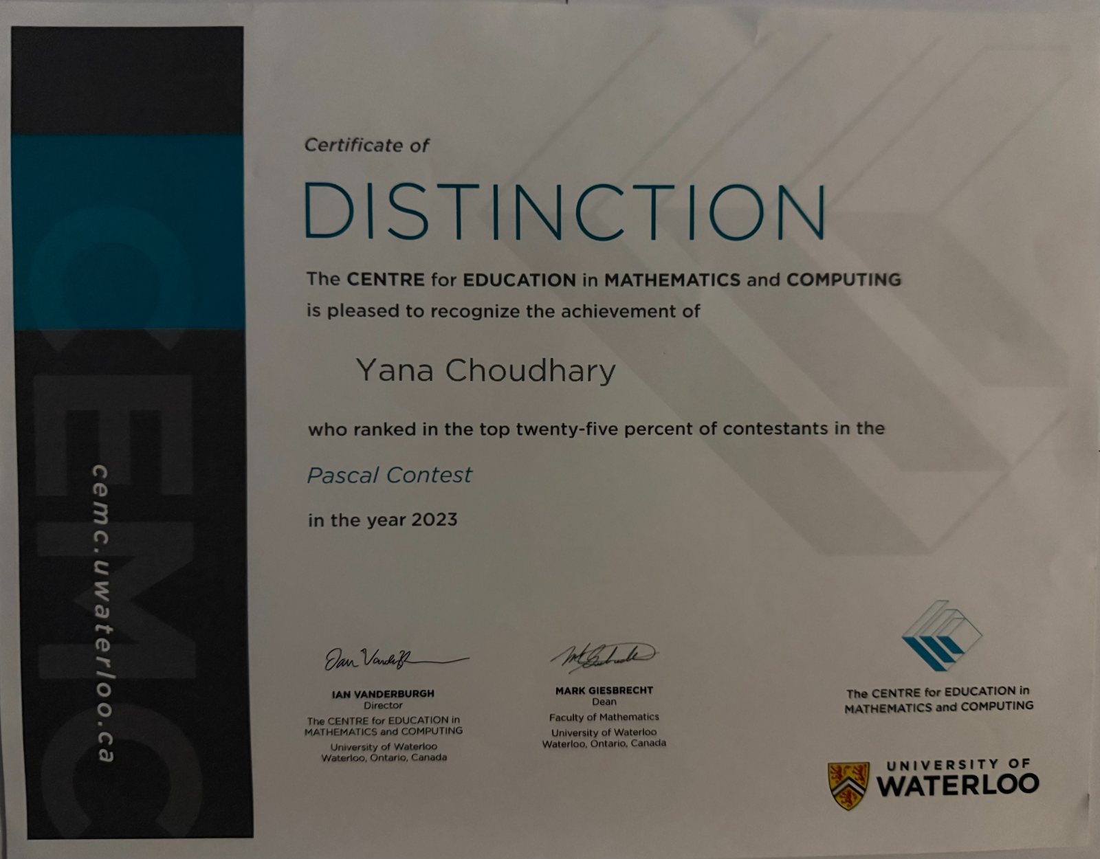 CEMC Certificate of Distinction — Pascal Contest 2023, top 25% of contestants