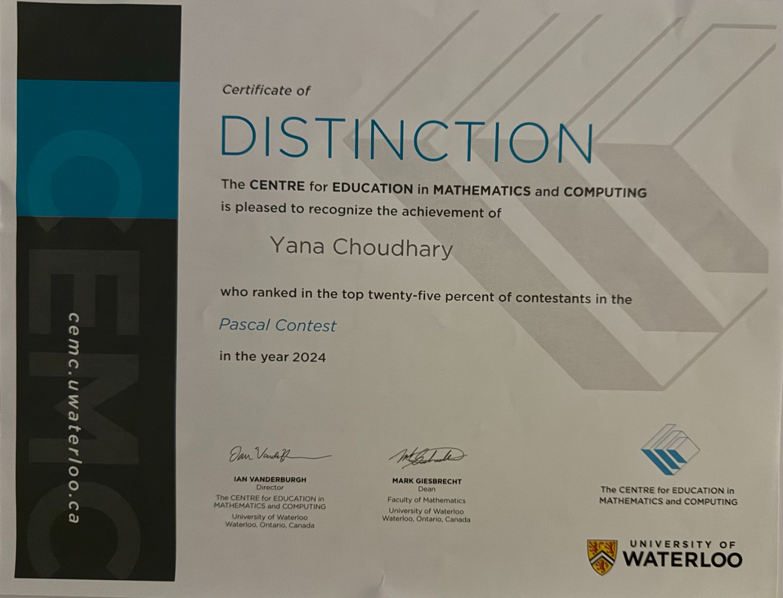CEMC Certificate of Distinction — Pascal Contest 2024, top 25% of contestants