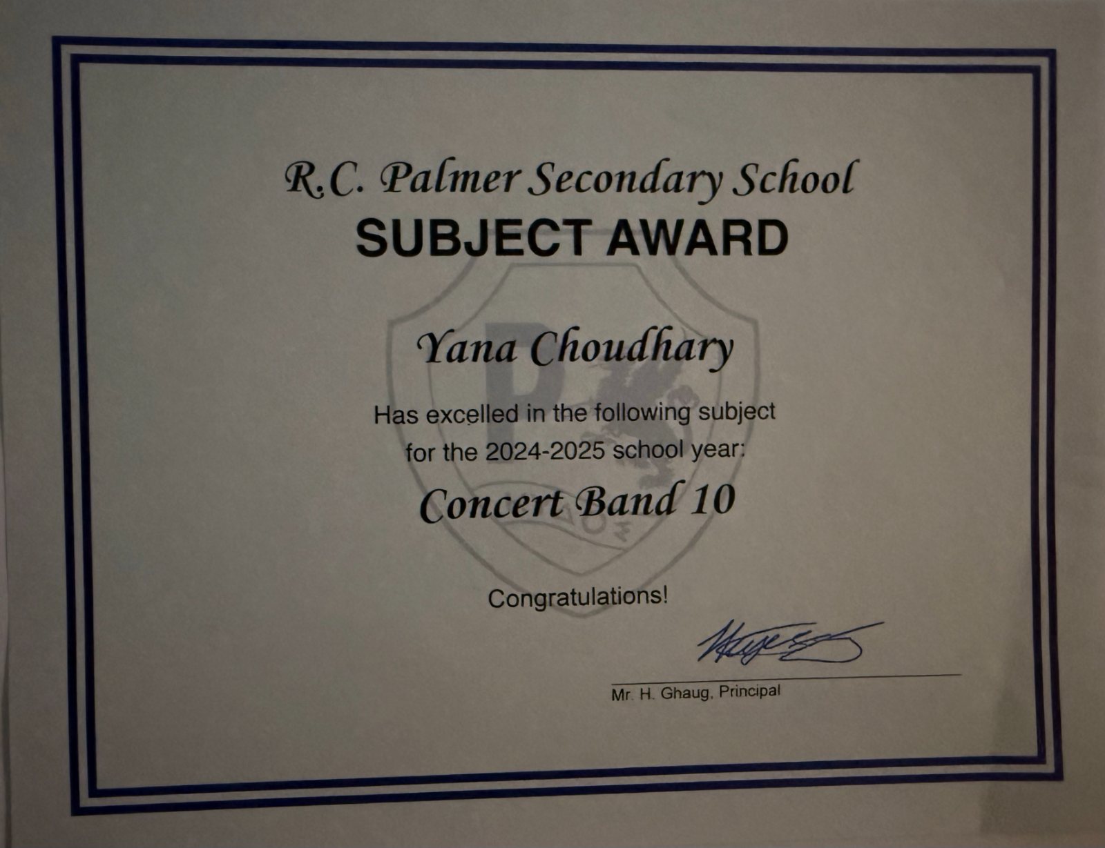 R.C. Palmer Subject Award — Concert Band 10, 2024–2025