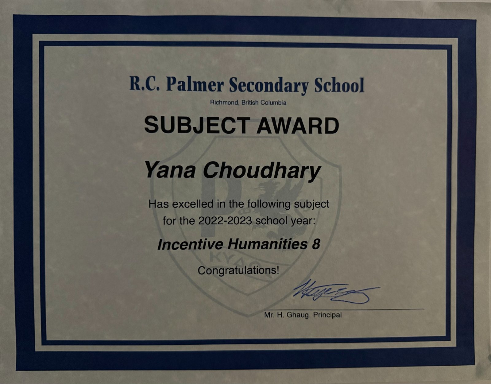 R.C. Palmer Subject Award — Incentive Humanities 8, 2022–2023