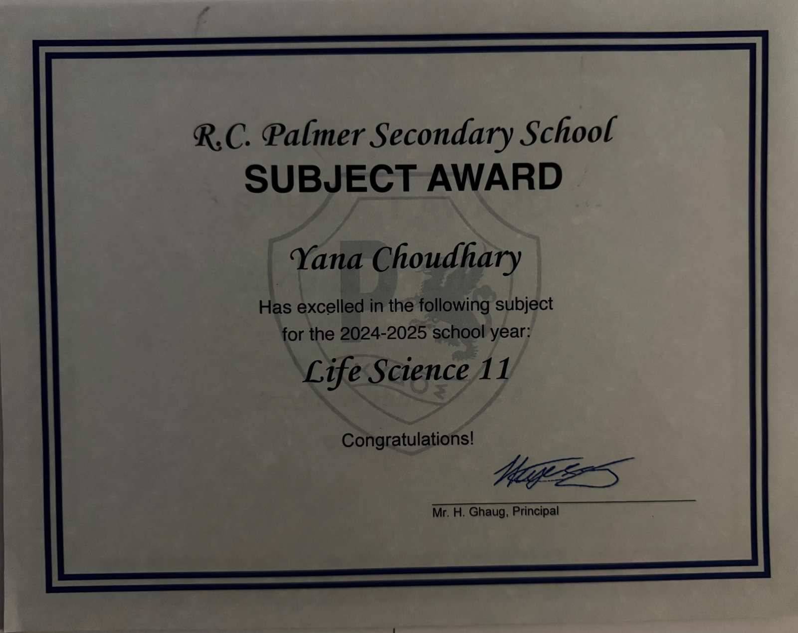 R.C. Palmer Subject Award — Life Science 11, 2024–2025