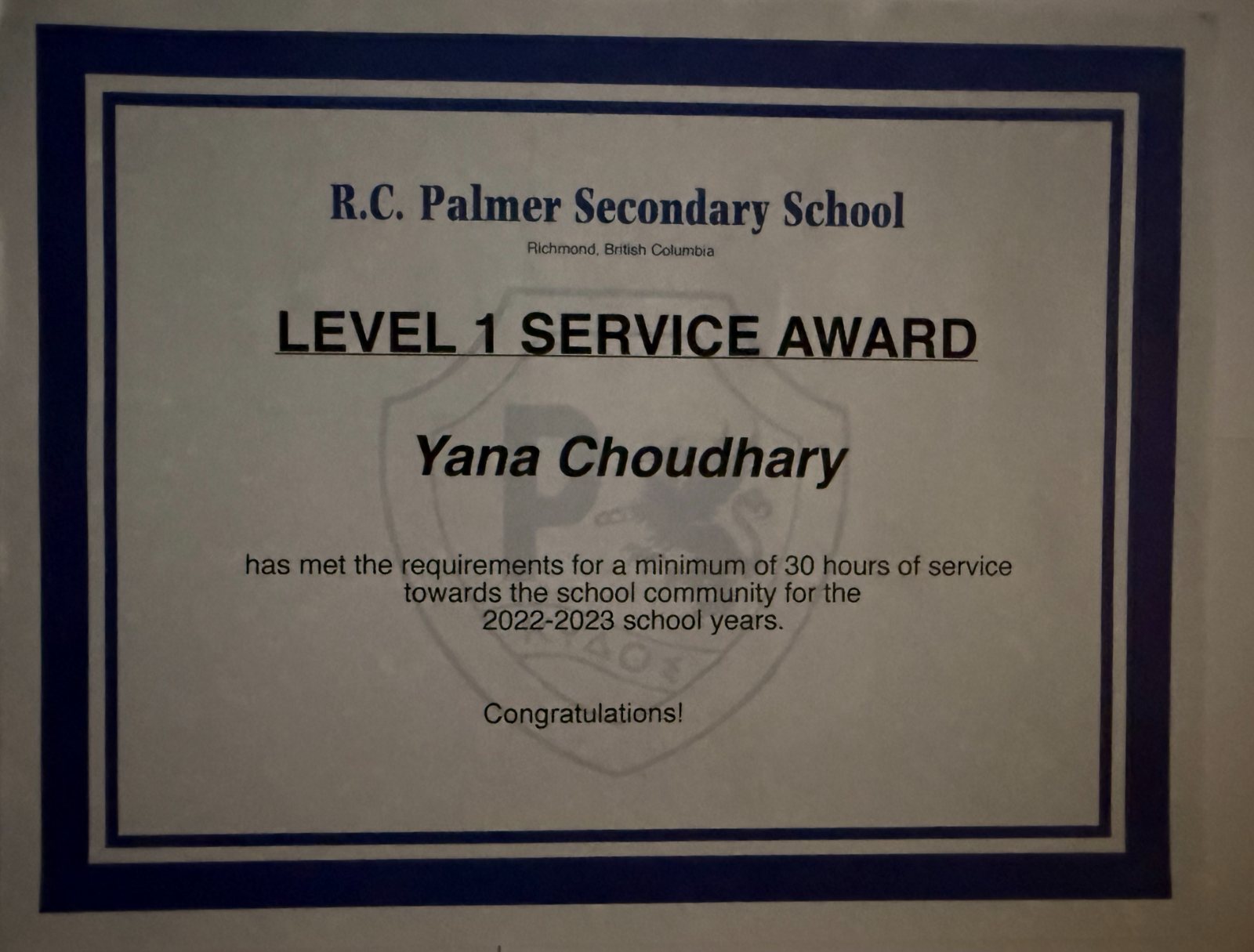 R.C. Palmer Level 1 Service Award — 30 hours of service, 2022–2023