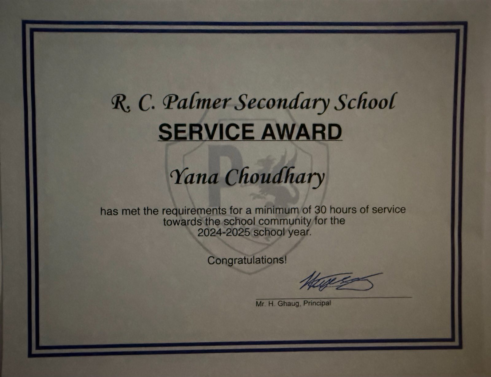 R.C. Palmer Service Award — 30 hours of service, 2024–2025