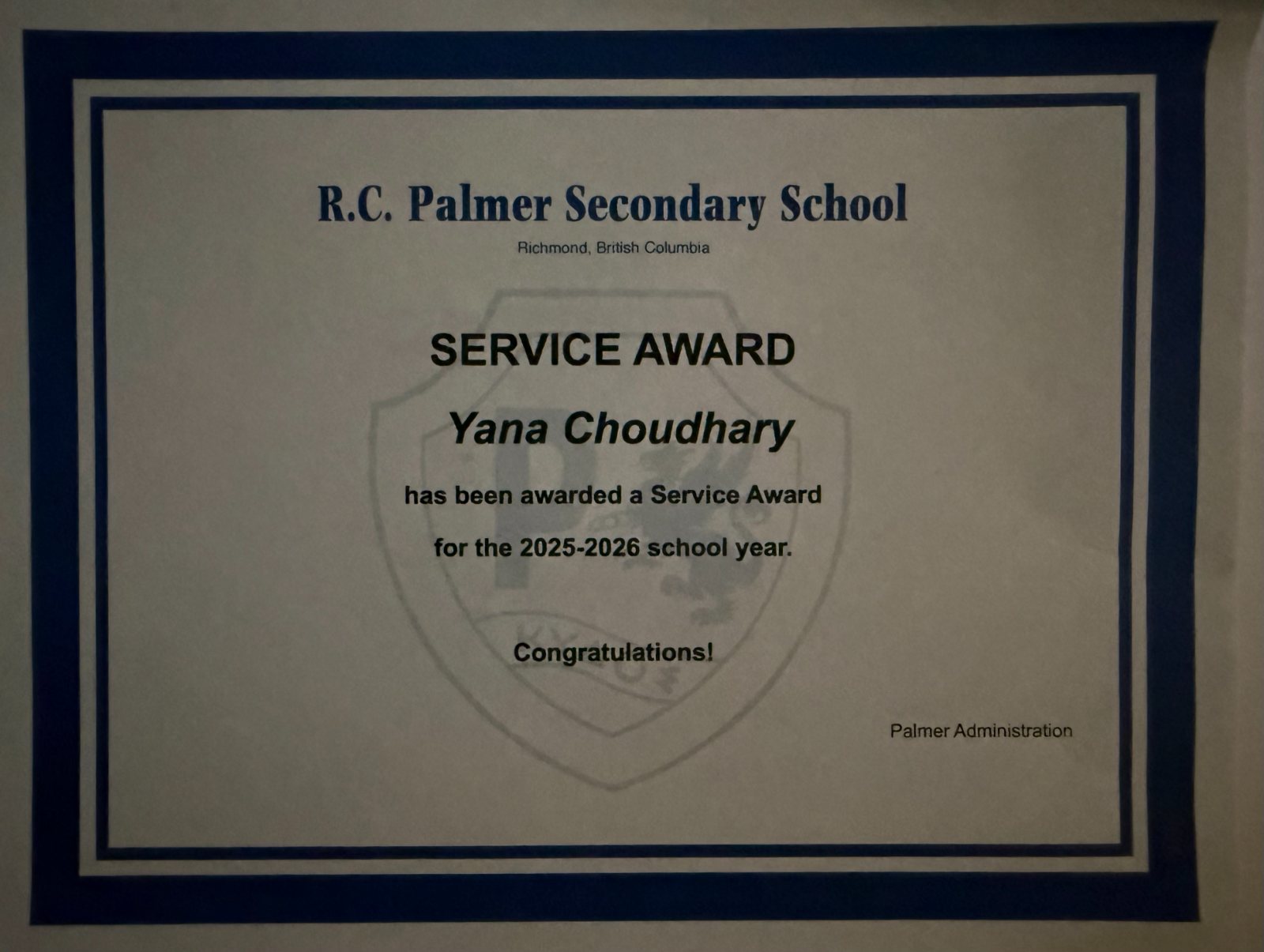 R.C. Palmer Service Award, 2025–2026