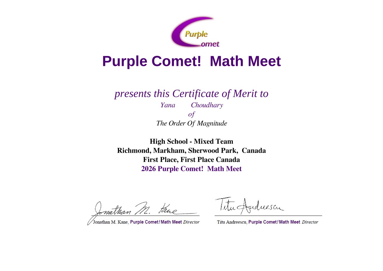 Purple Comet! Math Meet 2026 Certificate of Merit — First Place, First Place Canada