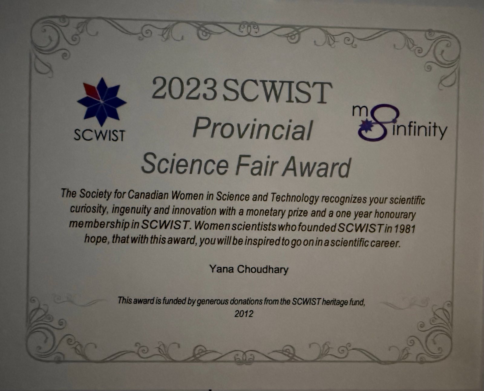 2023 SCWIST Provincial Science Fair Award