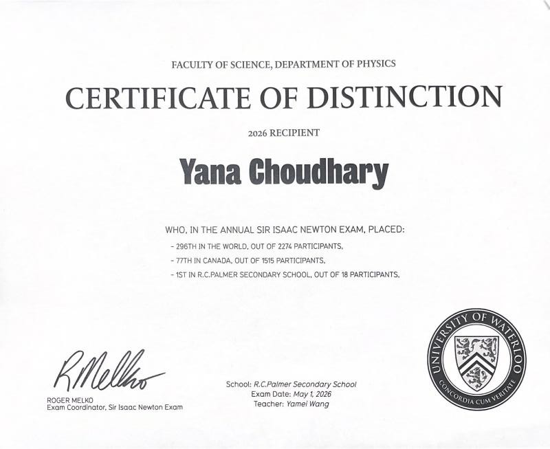 University of Waterloo Certificate of Distinction, Sir Isaac Newton Exam 2026