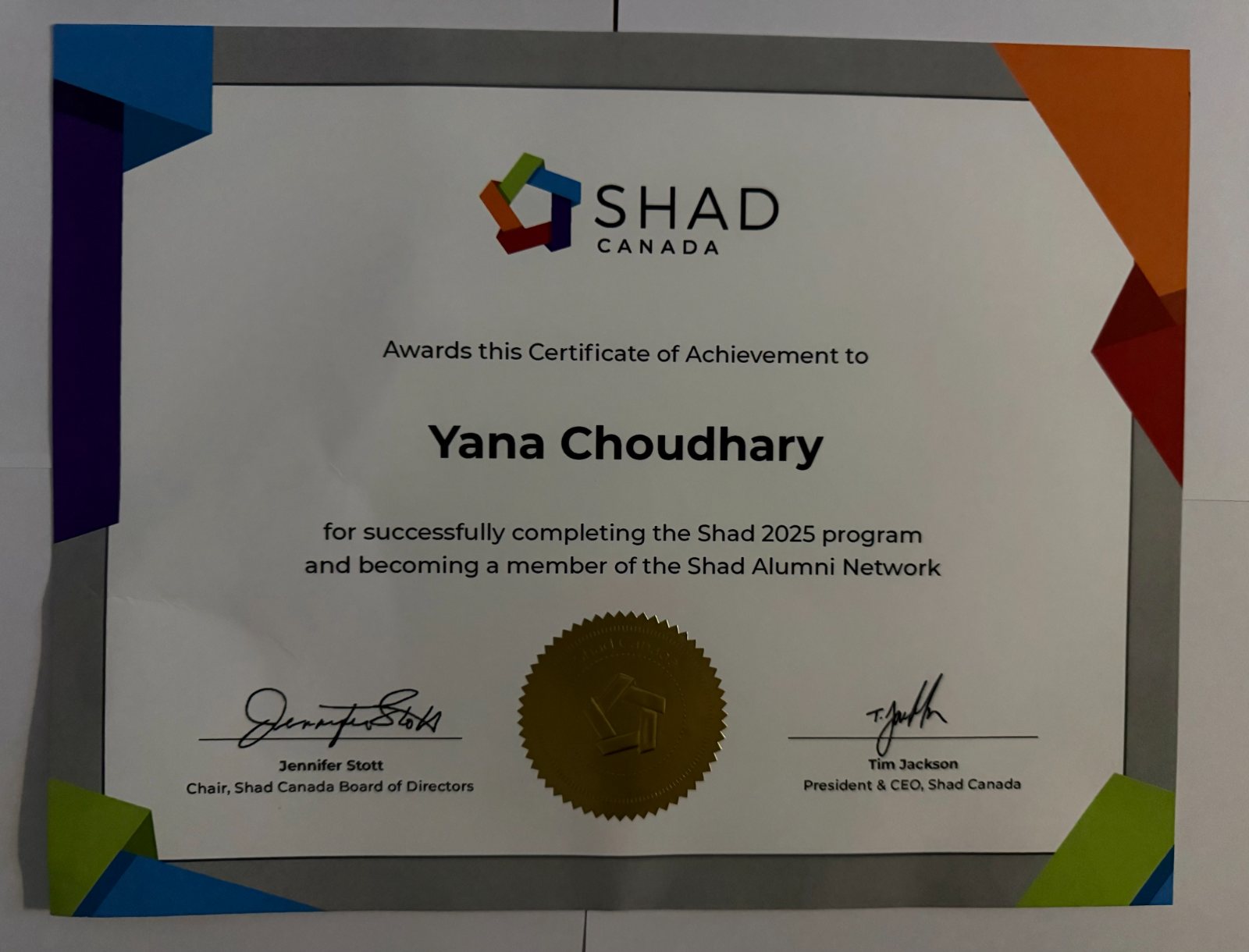 Shad Canada Certificate of Achievement for completing the Shad 2025 program
