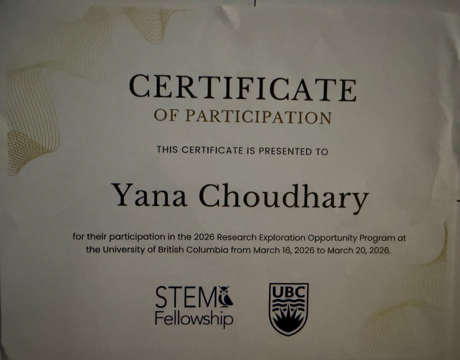 UBC and STEM Fellowship certificate of participation, 2026 Research Exploration Opportunity Program