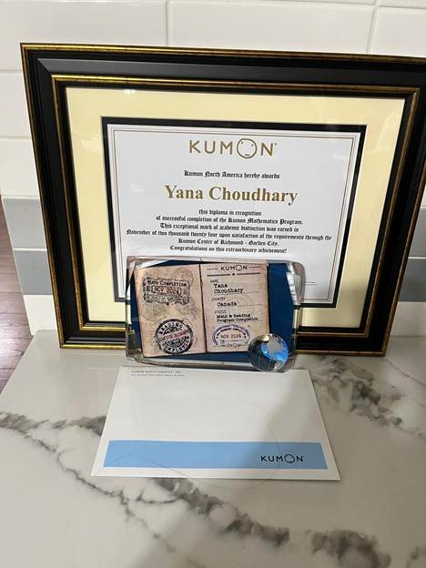 Framed Kumon Mathematics Program completion diploma