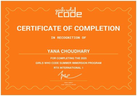 Girls Who Code Summer Immersion Program 2025 certificate of completion