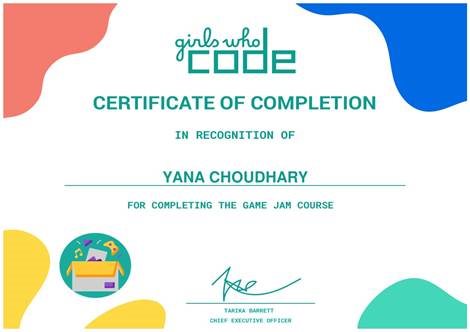 Girls Who Code Game Jam course certificate of completion
